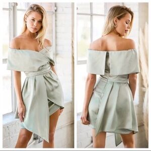 NWT Lulus Always Celebrating Sage Green Satin Off-the-Shoulder Mini Dress Small